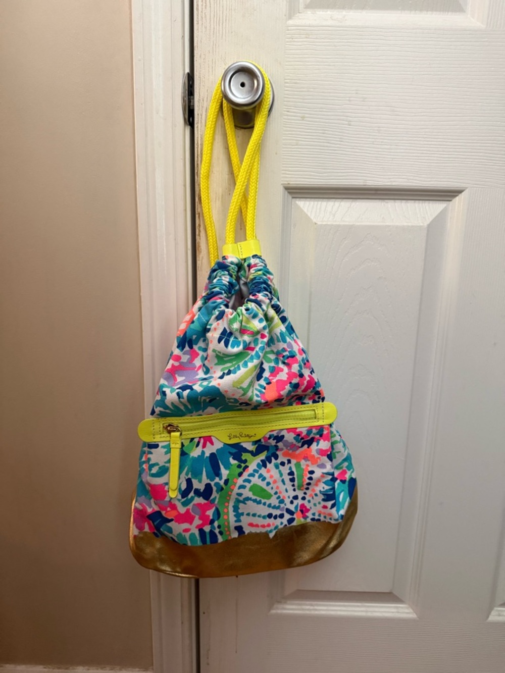 Lilly Pulitzer Neon Yellow-Trim Multicolor Drawstring Backpack